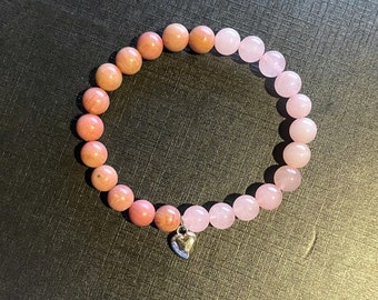 Natural Rose Quartz and Rhodonite Bracelet , Healing Crystal Stretch Beaded Bracelet , Healing Bracelet , 8mm