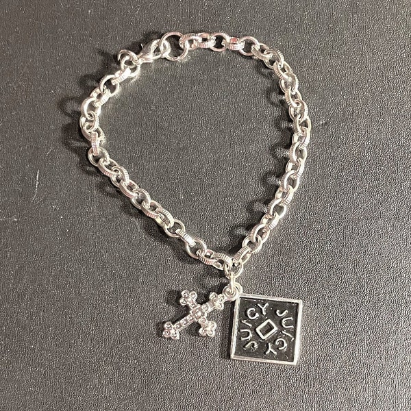 Juicy Charm Bracelet , Juicy Link Bracelet , Juicy Charm , Cross Charm , Silvertone