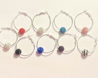 Crystal Glitter Ball Hoop Earrings , Crystal Earrings , Hoop Earrings , Red , Blue , Clear , Black , Teal , Pink , Purple , Iridescent
