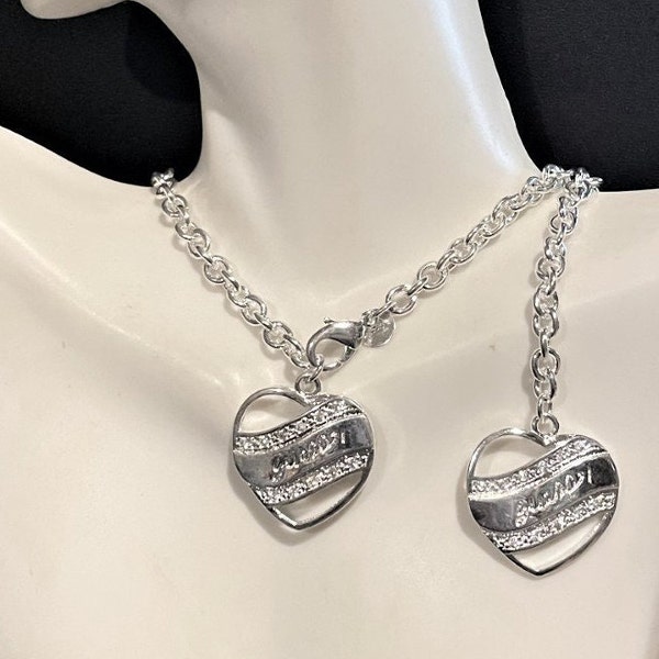 Guess Heart Link Necklace , or, Guess Heart Link Bracelet , Chain Necklace , Chain Bracelet , Silver , Crystal