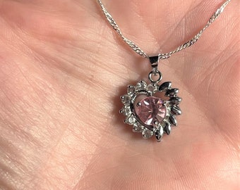 Pink Crystal Heart Pendant Necklace  , Silver