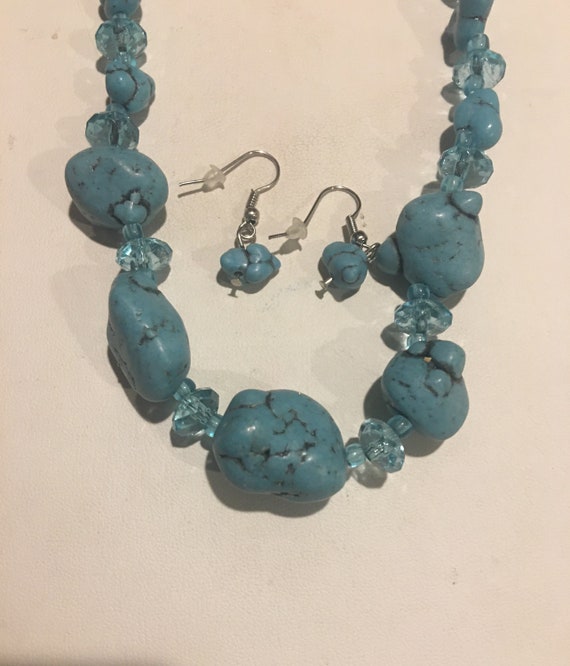 Turquoise Beaded Jewelry Set ,  Crystal Glass Bea… - image 1