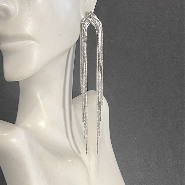 Silver Long Tassel Statement Earrings , Silver Tassel Earrings , Silver Chain Earrings , 3 3/4 " Long