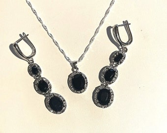 Black CZ Pendant Necklace & Earrings Set , Oval Shaped Cubic Zirconia Pendant Necklace and Earrings Set ,Silver