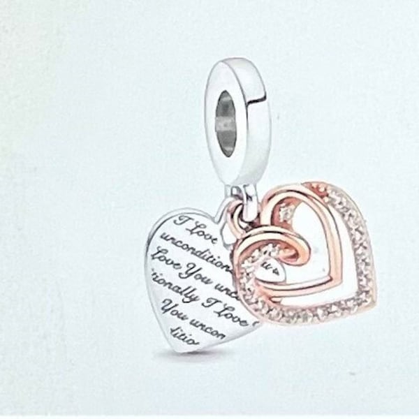 Entwined Hearts Double Dangle Charm fits Pandora Bracelet , I Love You Unconditionally , 925 Sterling Silver , 14k rose gold plating