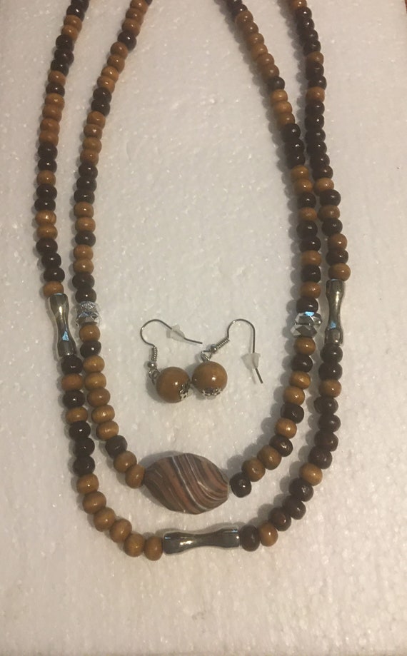 Brown Wood Beaded Multi Strand Necklace and earri… - image 1