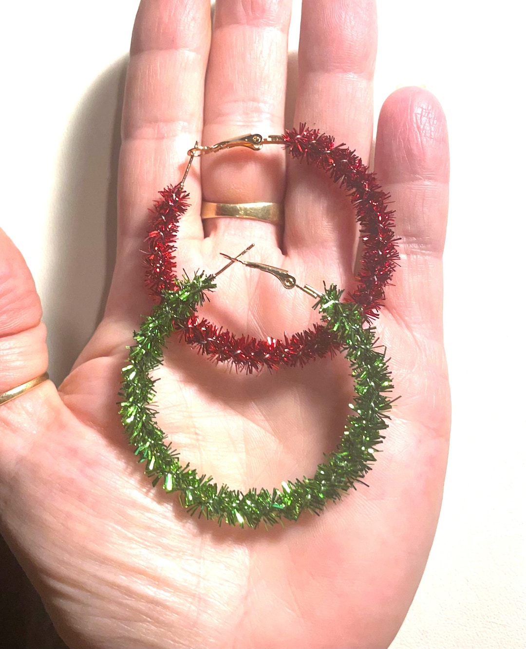 Christmas Earrings , Christmas Tinsel Hoop Earrings , Christmas Hoop