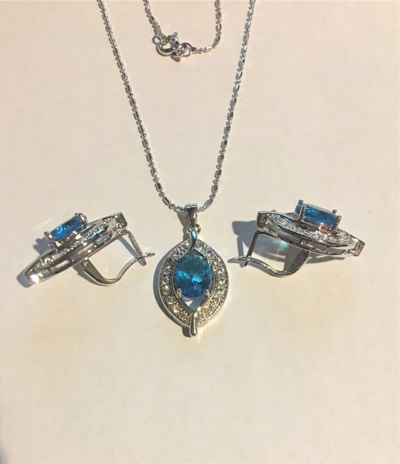 Aqua Blue Austrian Crystal Oval  Pendant Necklace… - image 3