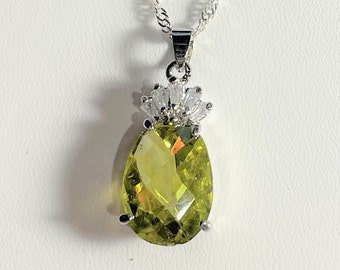 Large Pear Shaped Peridot Gemstone Pendant Necklace , White Topaz , Sterling Silver Necklace