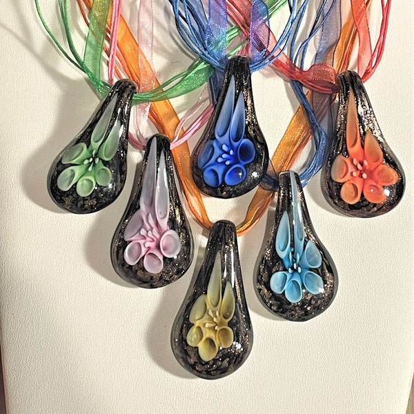 Murano Glass Teardrop Flower Pendant Ribbon Necklace , Green , Pink , Blue , Cream , Orange , Choose