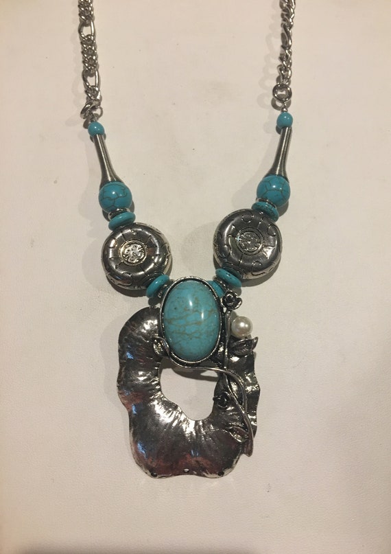 Chunky Turquoise Necklace , with a Pearl , Rhodium