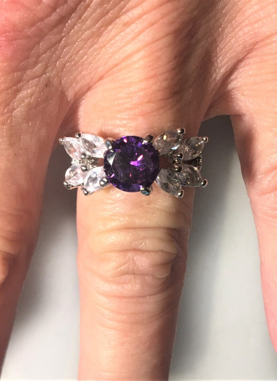 Amethyst Ring, Sparkling Clear White Topaz and Rou