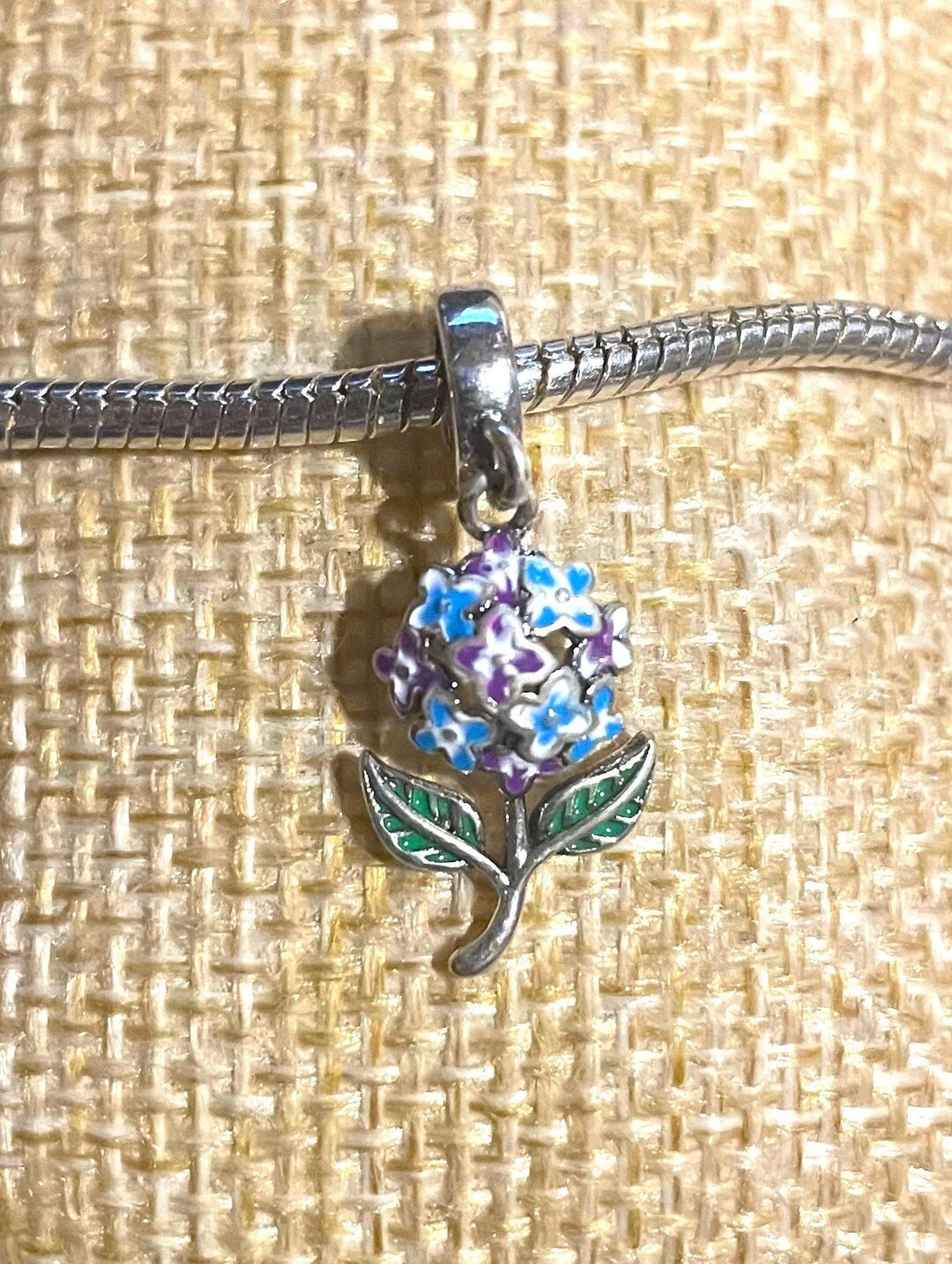Blue and Purple Hydrangea Flower Dangle Charm Fits Pandora Bracelet