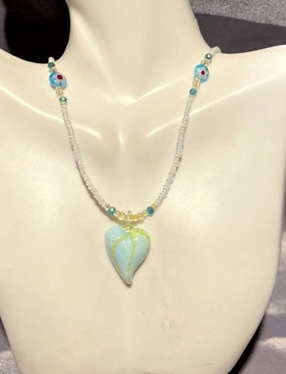 Petite Light Blue & Yellow Swirl Glass Heart bead… - image 1