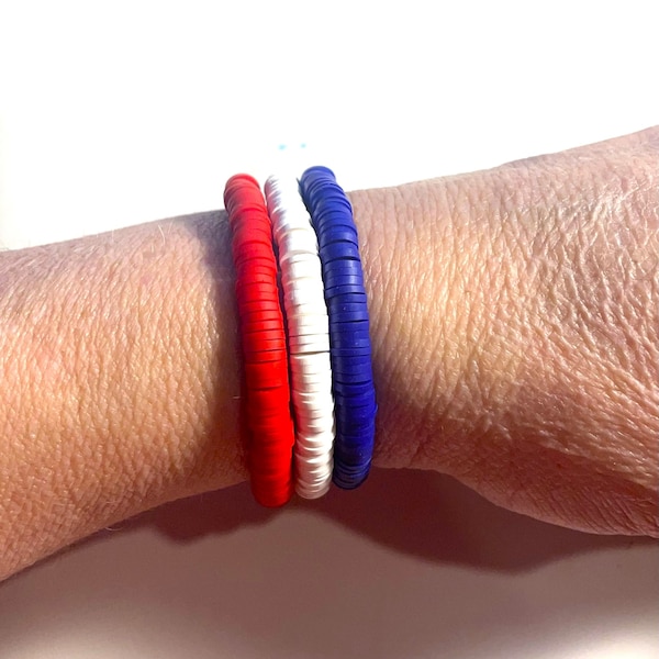 Patriotic Red White and Blue Bracelet Set, stackable Stretch Bracelets , Patriotic Heishi beads bracelets ,4th of July, Memorial Day