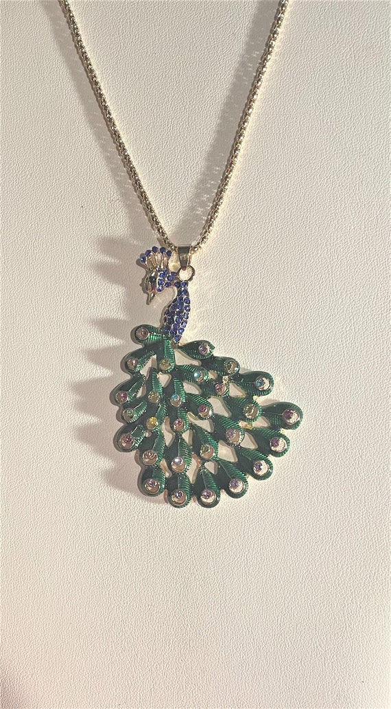 Vintage Betsey Johnson Crystal Peacock Pendant Nec