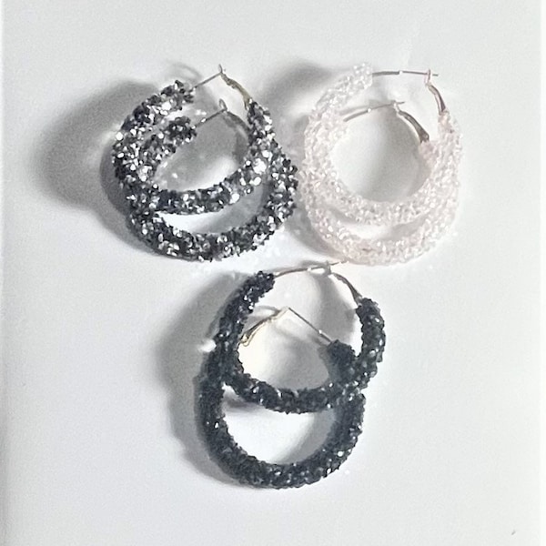Glitter Rhinestone Hoop Statement Earrings , Austrian Crystal Hoop Earrings , Rhinestone Hoop Earrings , Black/Silver , Clear , Black