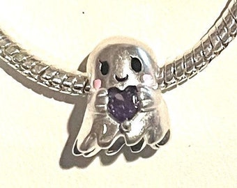 Cute Ghost Charm fits Pandora Bracelet , Friendly Ghost Charm , Ghost holding Purple Heart Charm , Halloween Charm , 925 Sterling Silver