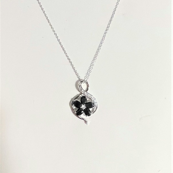 Black Onyx and CZ Floral Pendant Necklace , Oval … - image 1