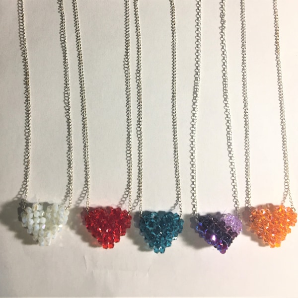 Swarovski Crystal Puffed Heart Pendant Necklace, Crystal Heart Necklace, Purple, Apricot, Peacock, White, Red (CHOOSE) Mother's Day Heart