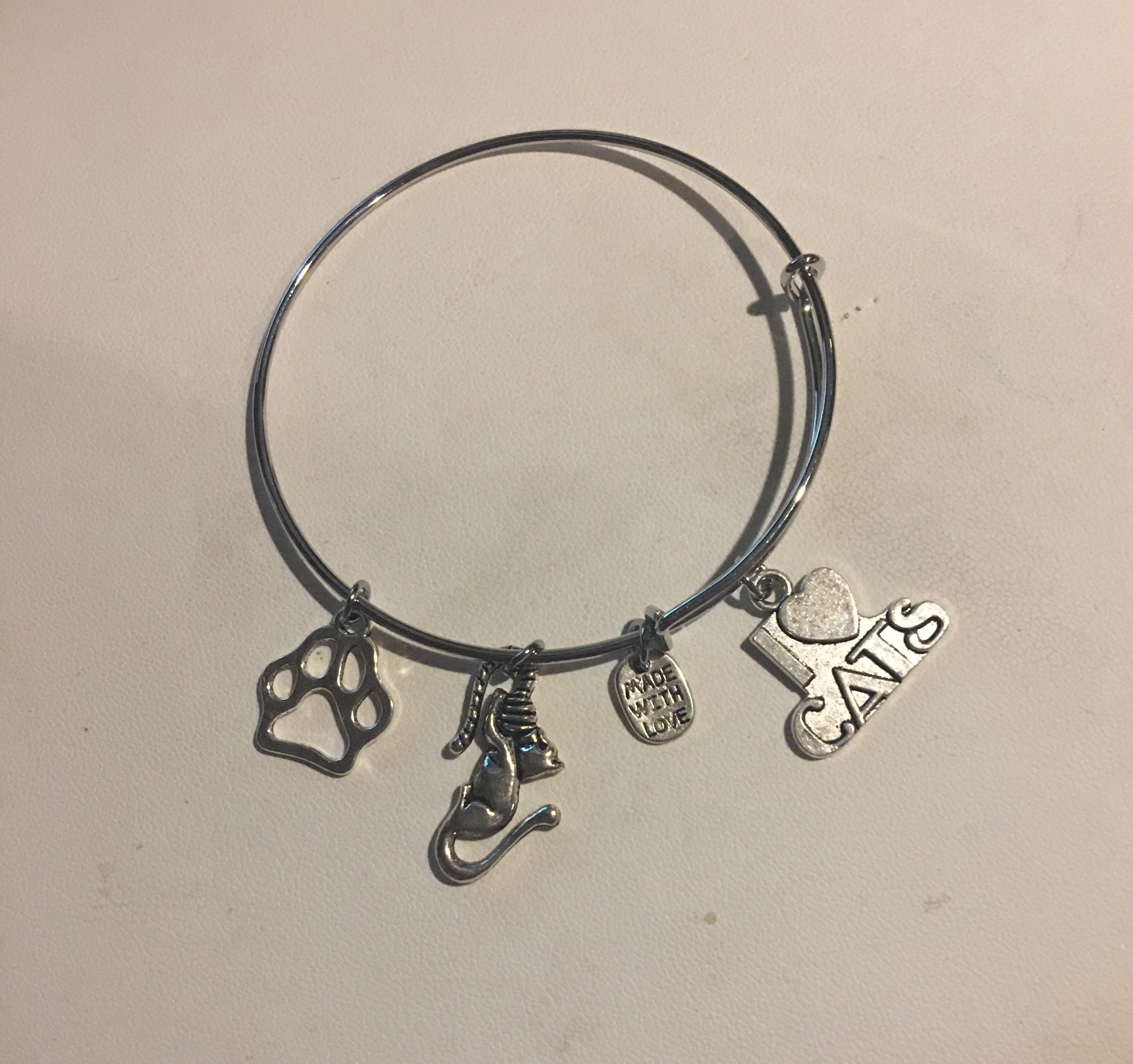 Cat Expandable Wire Bangle Bracelet Kitty Lover Meow Sterling Silver Plt  Charms