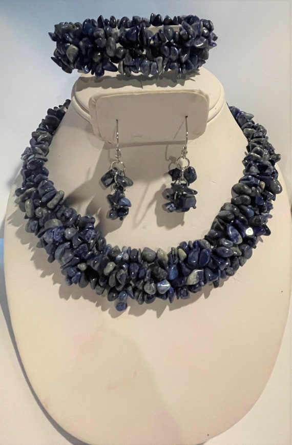 Chunky Beaded Lapis Lazuli 3 Pc Jewelry Set ,Neck… - image 1