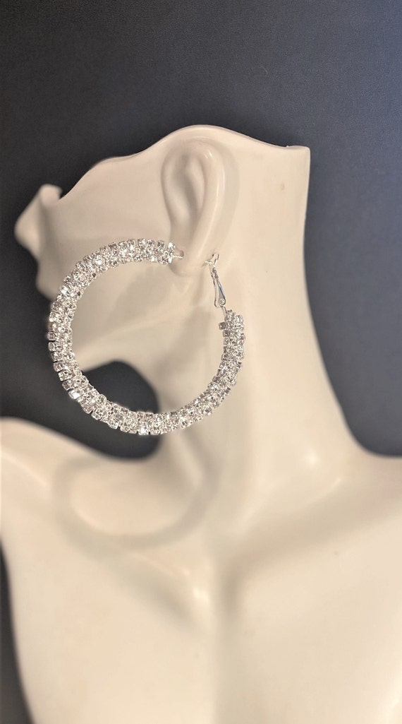 Large Rhinestone Hoop Earrings , Crystal Rhineston