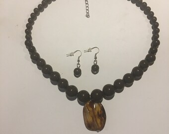 Brown Faux Pearl Resin Beaded Necklace and earrings set