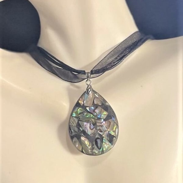 New Zealand Abalone Shell Teardrop Pendant Necklace , Abalone Shell , Ribbon Necklace , Abalone Jewelry , Gemstone Pendant , Shell