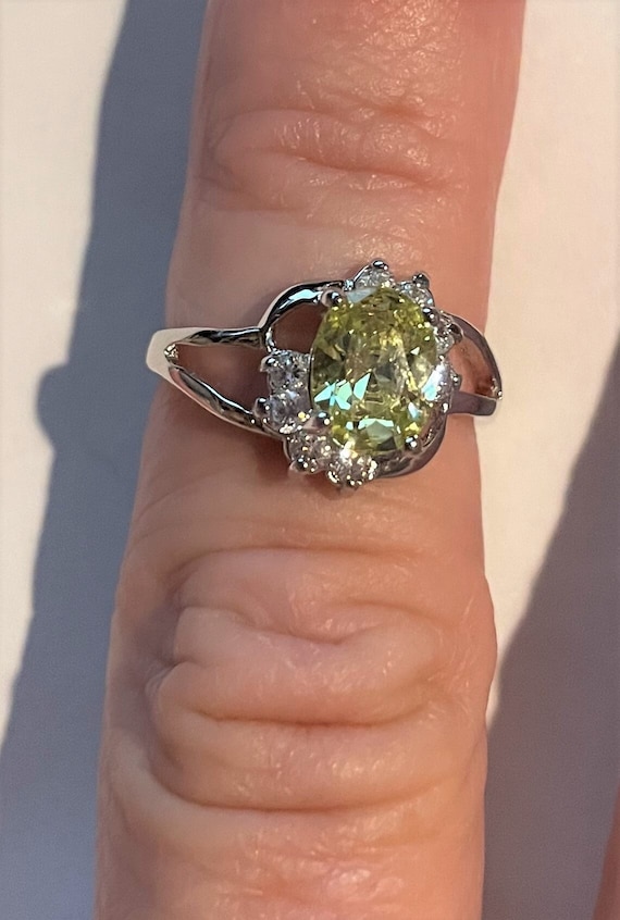 Oval Peridot Ring, Sparkling Clear White Topaz and