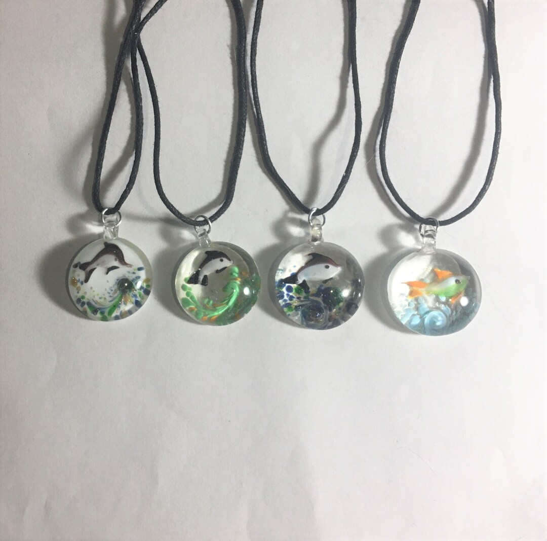 Murano Glass Fish Pendant Necklace , Black Cord Necklace, Ocean Life