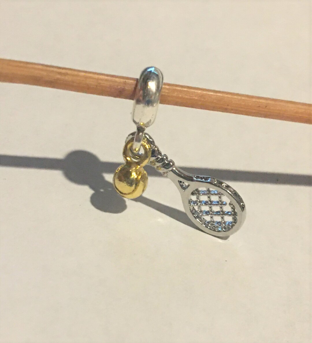 Tennis Racket & Ball Dangle Charm Fits Pandora Bracelets , Tennis Charm , Sports Charm , Silver