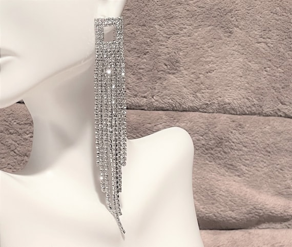 Rhinestone Long Tassel Statement Earrings , Bride… - image 1