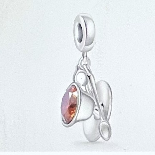 Cup of Tea Charm fits Pandora Bracelet , Teacup Dangle Charm , Hot Tea Charm , Tea , Spoon , Cup , Saucer , 925 Sterling Silver