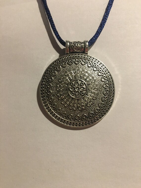 Round Medallion Necklace , Antique Silver , Satin… - image 2