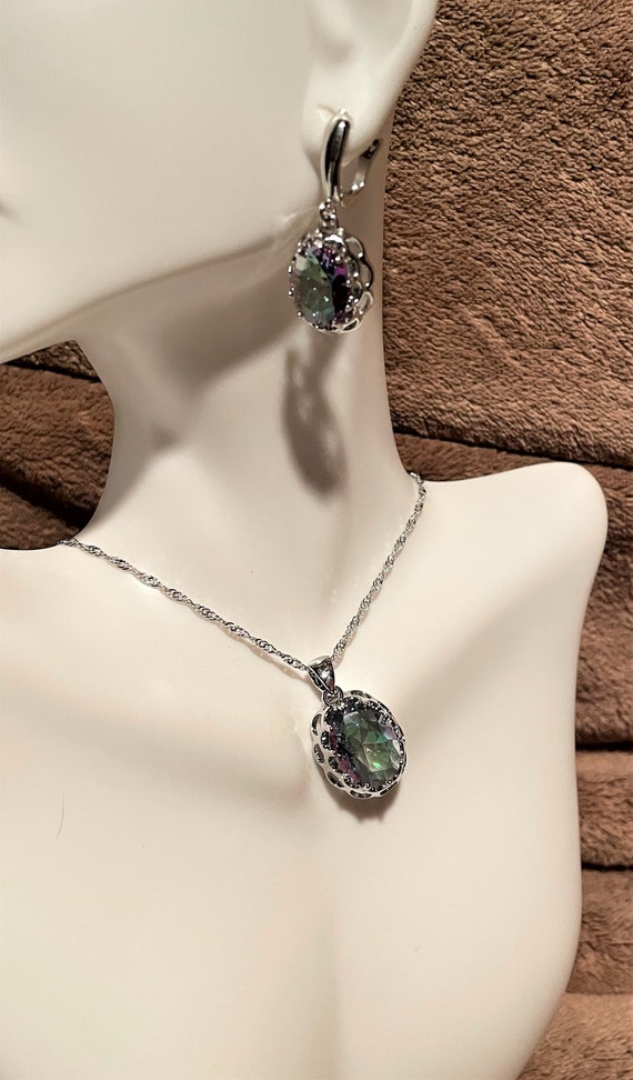 Mystic Topaz Oval Pendant Necklace and Earrings Se