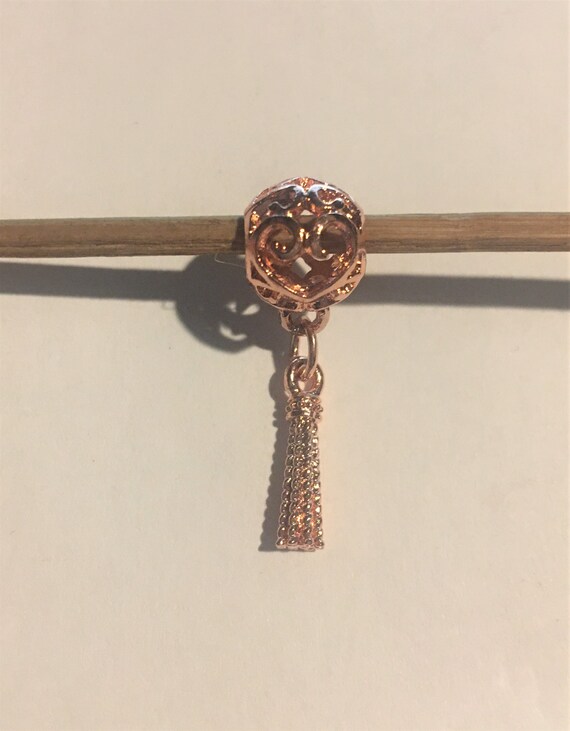 Rose Gold Enchanted Heart Tassel Pendant Charm fits Pandora Bracelets