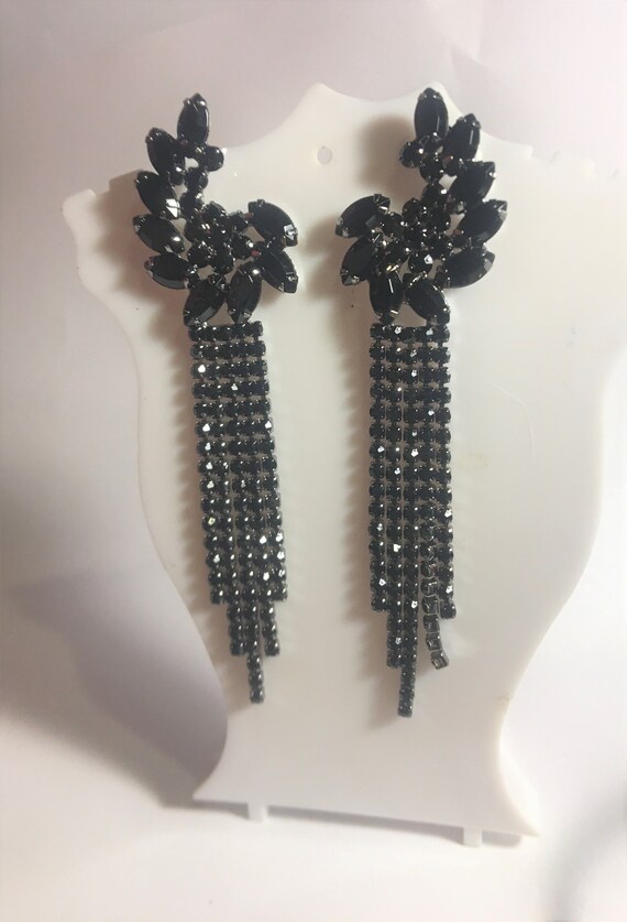 Long Black Rhinestone Tassel Statement Earrings , Bla… Gem