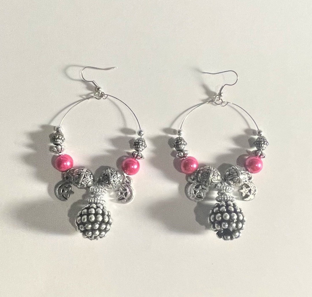 Extra Large Beaded Hoop Earrings , Silver Bead Charms Hoop Earrings