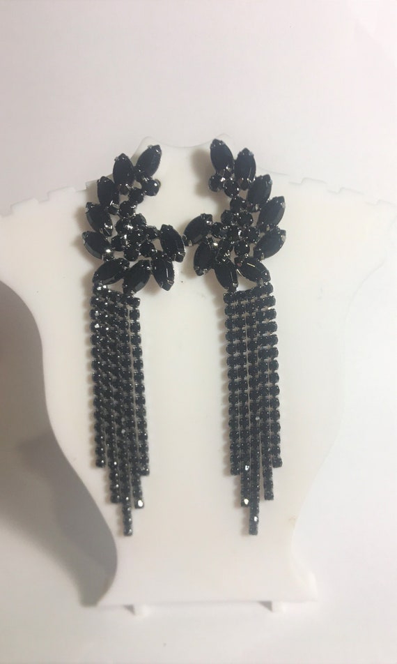 Long Black Rhinestone Tassel Statement Earrings , Bla… Gem