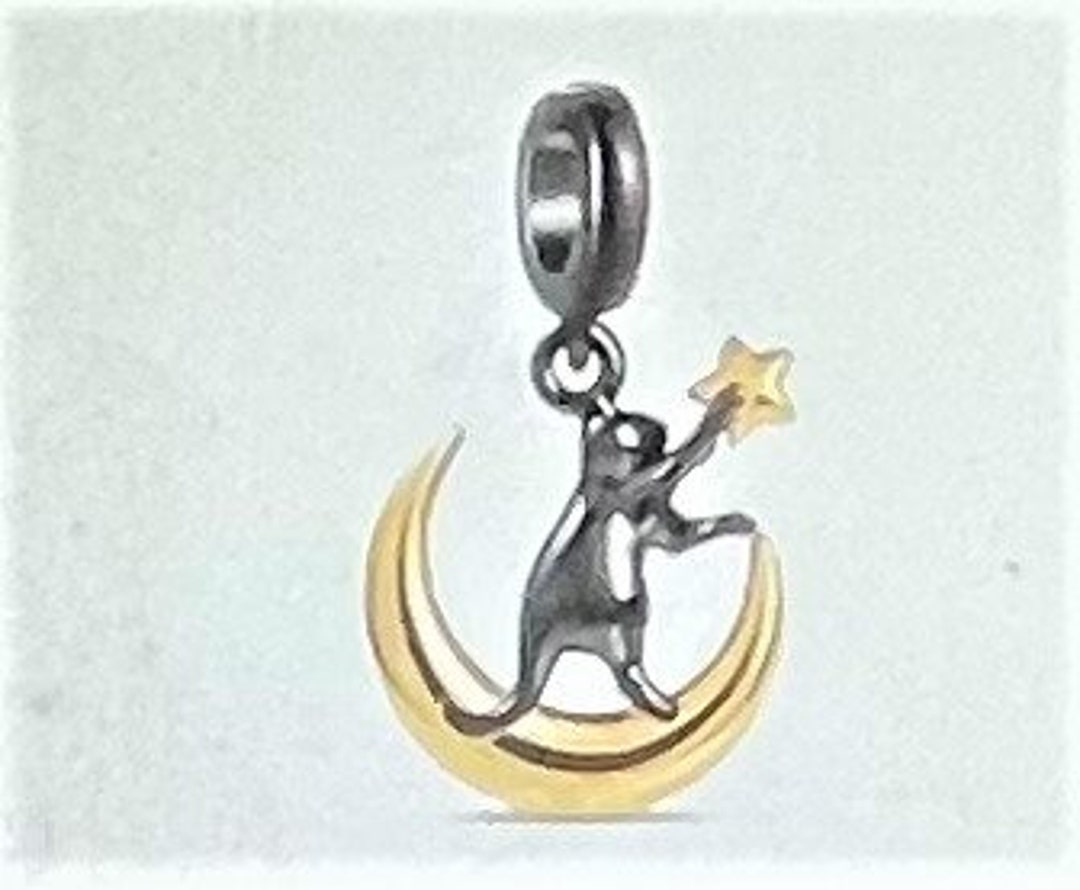 Black Cat on the Moon Dangle Charm Fits Pandora Bracelet , Black Cat