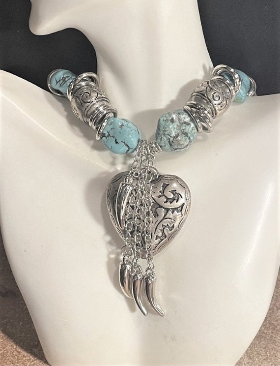 Chunky Turquoise Necklace with Silver Heart , Rhod
