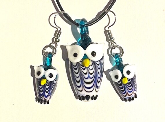 Glass Owl Pendant Necklace and Earrings Set Owl Necklace and Earrings Bird Jewelry Set