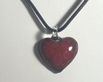 Blood Red Glass Puffed Heart Pendant Necklace , Red Heart Necklace , Glitter Heart , Cord Necklace