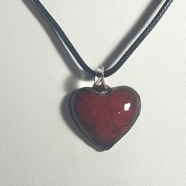 Blood Red Glass Puffed Heart Pendant Necklace , Red Heart Necklace , Glitter Heart , Cord Necklace