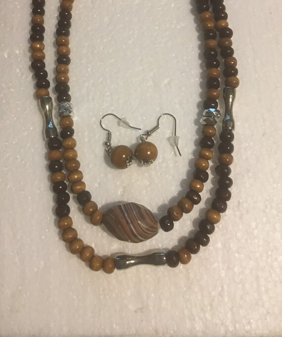 Brown Wood Beaded Multi Strand Necklace and earri… - image 2