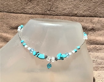 Beaded Faux Turquoise Crystal Anklet , Beaded Anklet , Crystal Anklet ,adjustable Anklet , Boho Anklet , Beach Anklet , Stackable Anklet