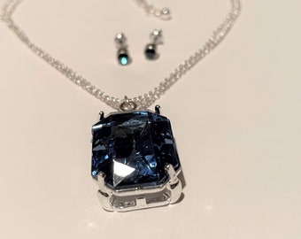 Large Rectangular Blue Crystal Necklace and Matching Stud Earrings Set ,Emerald Cut Pendant, Double Strand Necklace and Earrings Set