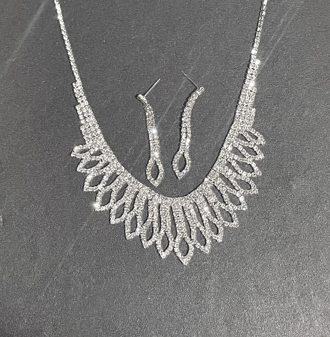 Rhinestone Jewelry Set , Rhinestone Drop Necklace & Earrings Set