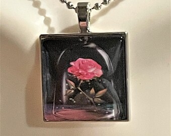 Pink Rose Necklace , Flower Pendant Necklace , Glass flower , Rose Flower , Square Pendant